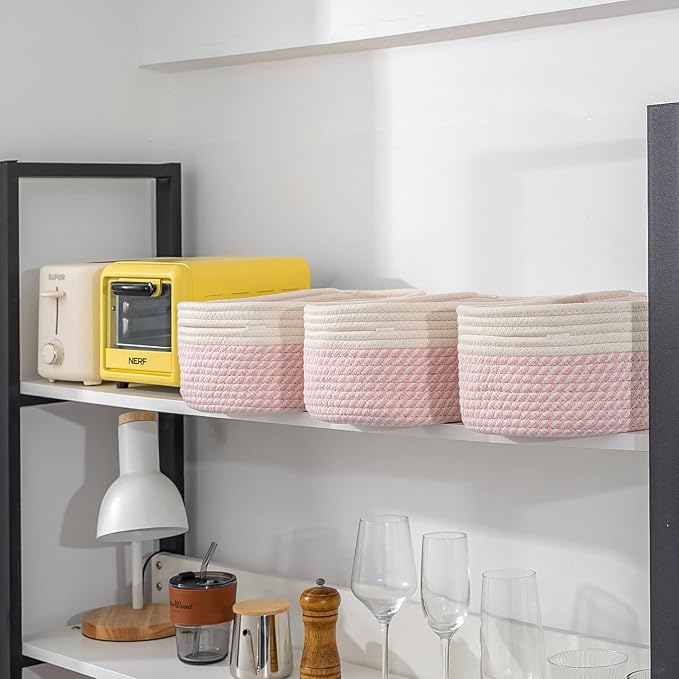 CubesLand Rectangle Organization/Storage Basket, Natural Cotton Rope Woven Baskets for Organizing, Small Basket for Kids, Baby Nursery, Cat Dog Toy Baskets, Organizer Bins for Shelves 3 Packs