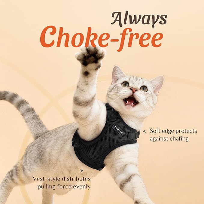 Dooradar Cat Harness and Leash Set, Escape Proof Safe Adjustable Kitten Vest Harnesses for Walking, Easy Control Soft Breathable Mesh Jacket with Reflective Strips for Cats, Black, M