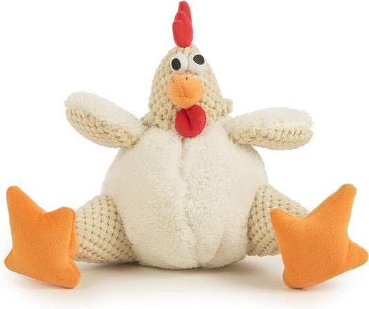 goDog Checkers Fat Rooster Squeaky Plush Dog Toy, Chew Guard Technology - White, Large