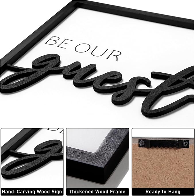 3D Wood Be Our Guest Wall Art, Black and White Be Our Guest Wall Decor Sign, Framed Guest Room Wall Decor(Ready to Hang, 12x16 inches, Set of 3, Framed)