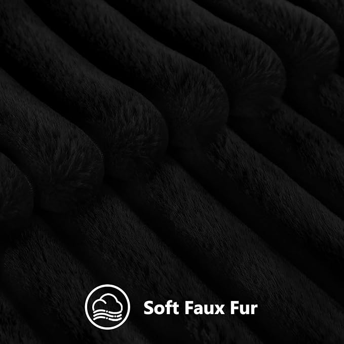 decorUhome Faux Fur Spring Throw Pillow Covers 12x20 Set of 2, Decorative Soft Plush Striped Lumbar Neutral Couch Pillow Covers with Velvet Back for Sofa, Bed, Living Room Home, Black