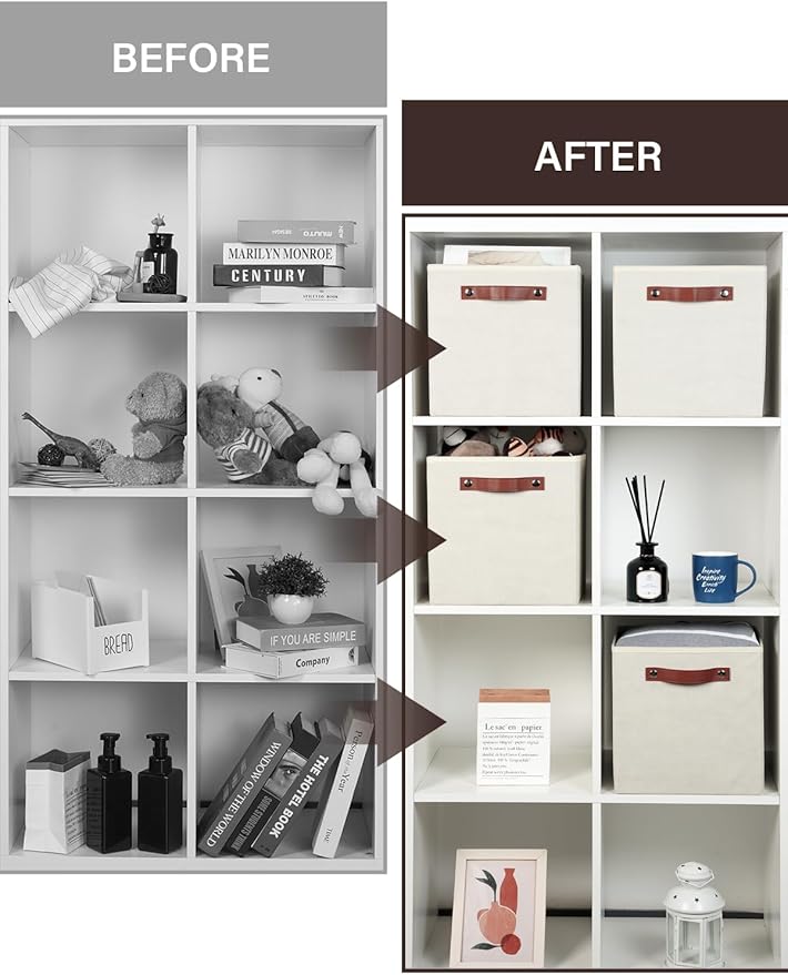 Temary 11x11 Storage Cubes Fabric Cube Storage Bins with Handles Clothes Storage Boxes Baskets for Organizing Home, Shelf, Closet (Beige, 11 x 11 x 11)