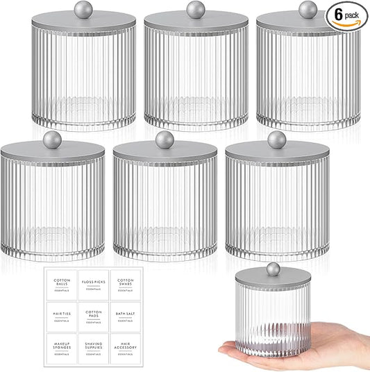 Yaomiao 6 Pcs Ribbed Bathroom Canisters Apothecary Jars with Silver Bamboo Lids and Label Stickers, 18 oz Plastic Canister with Fluted Design for Cotton Ball, Swab, Floss Picks House Storage