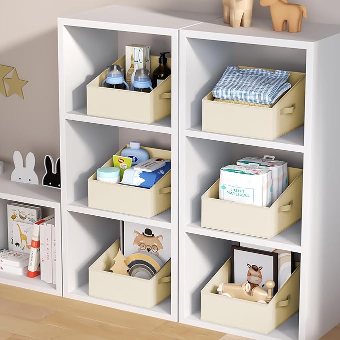 DIMJ Closet Storage Bins - Fabric Storage Baskets for Shelves, Collapsible Clothes Organizer with Handles for Purse, Toys, Books, Towel, Clothes, 6 Pack, Beige