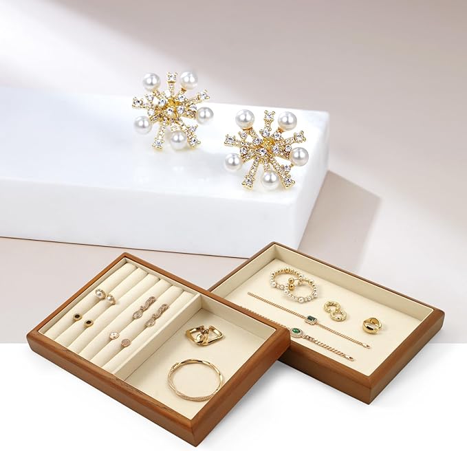 Oirlv Solid Wood 12 Grid Jewelry Organizer Tray Jewelry Drawer Organizer for Rings Earrings Storage Display(Creamy-white)
