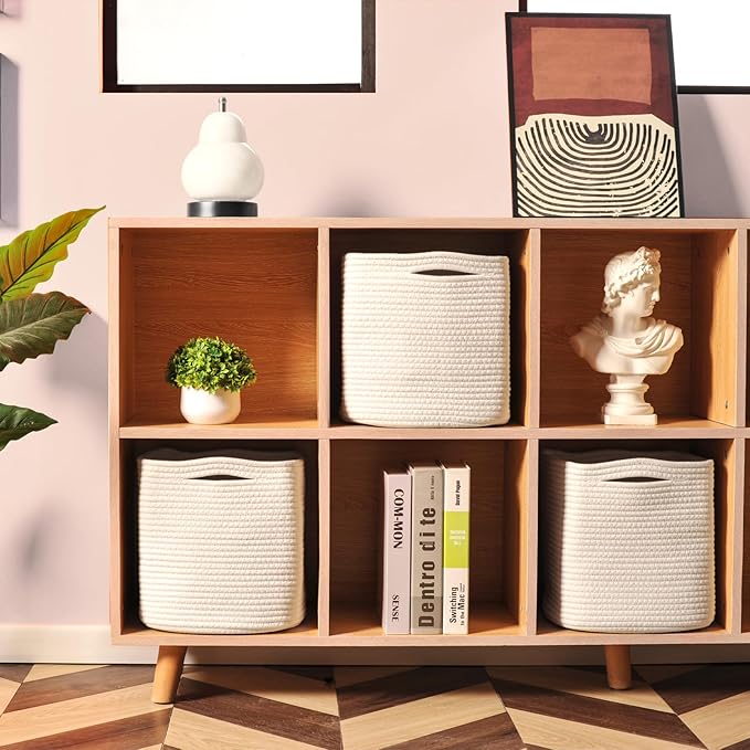 13 Inch Cube Closet Storage Bins, Woven Cotton Rope Organizer Baskets for Organizing & Shelves, Books, Towels, Clothes, Toys, 13x13x13 in, Off White (Pack of 3)