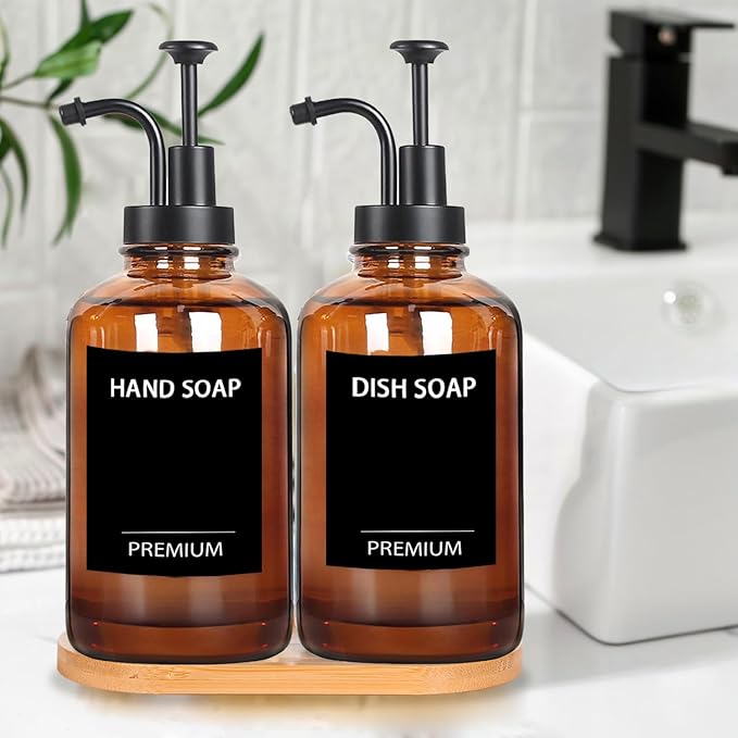 Amber 18 Oz Dish Soap Dispenser for Kitchen, Ultra-Thick Glass Soap Dispenser Set with Tray, Pump, Funnel for Bathroom, Liquid, Lotion, Shower, Laundry, (2 Pack with 12 Stickers)
