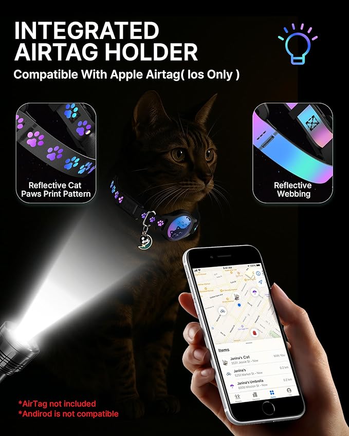 Cat Collar with Airtag Holder, 2 Pack Waterproof Breakaway Kitten Collar for Apple AirTag GPS Tracker, Adjustable Cat Collar with Buckle, Bell & Reflective Pattern for Cats, Kittens, Black (8-11")