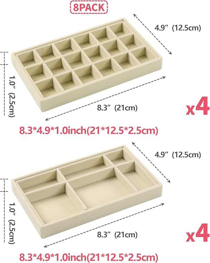 DIOMMELL Set of 8 Stackable Velvet Jewelry Trays Organizer, Jewelry Storage Box Display Trays Showcase Holder Closet Dresser Drawer Organizer for Earring Necklace Bracelet Ring Accessary, Beige