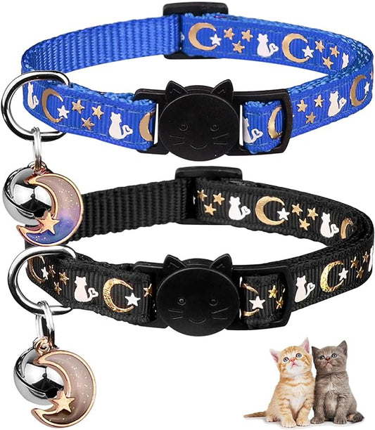 2PCS Breakaway Cat Collars with Bell Cute Kitty Glow in The Dark Adjustable Kitten Collars 7.9-13.0 Inch(Bule&Black)