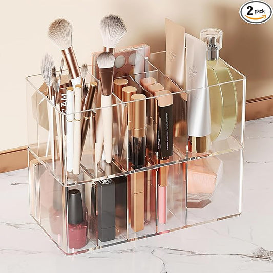 2 Pack Stackable Clear makeup organizer, Storage Drawers,Cosmetic Makeup Organizer, Acrylic Organizers,Bathroom Supplies,Ideal for Kitchen,Vanity,Cabinet,Undersink,Pantry CB01-T02（transparent）