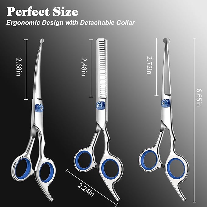 Professional 4 in 1 Dog & Cat Grooming Scissors Kit with Safety Round Tips,Sharp & Durable,Dog Shears for Grooming - Includes Straight, Curved, Thinning Scissors and Comb - Premium Pet Supplies