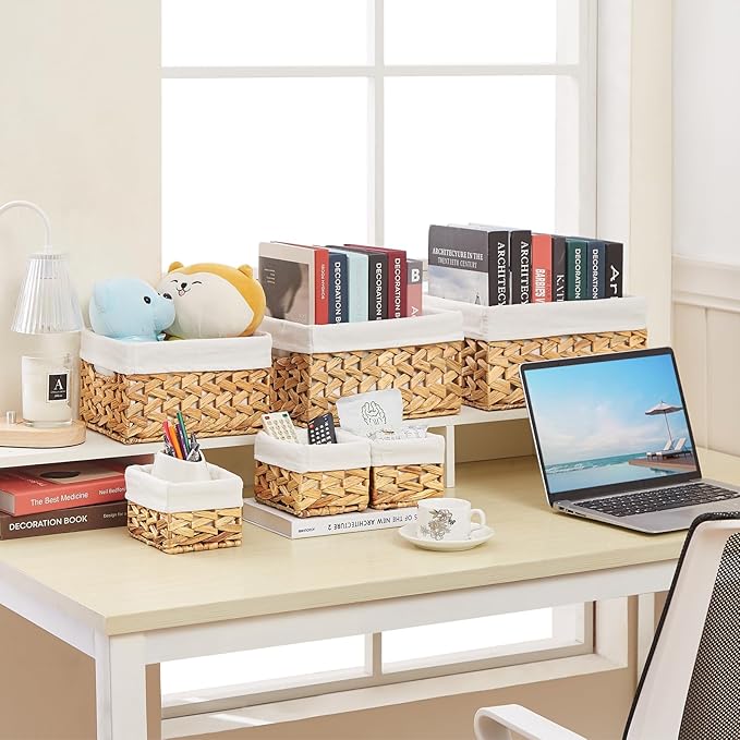 Vagusicc Wicker Storage Basket, 6 Pack Baskets for Organizing, Water Hyacinth Storage Basket, Rectangular Wicker Baskets for Storage Shelves, Cube Storage Bins For Closet/Clothes/Dresser