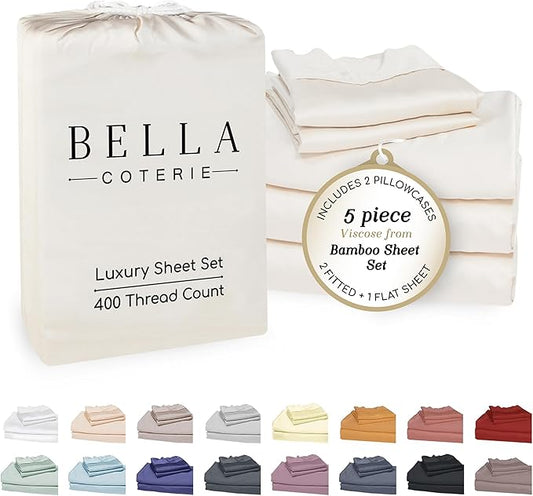 Bella Coterie Luxury Bamboo Viscose Split King Size Sheet Set | 2 Fitted Sheets for Sleep Number & Adjustable Beds | 100% Organically Grown | Cooling & Ultra Soft | 18” Deep Pocket [Ivory]