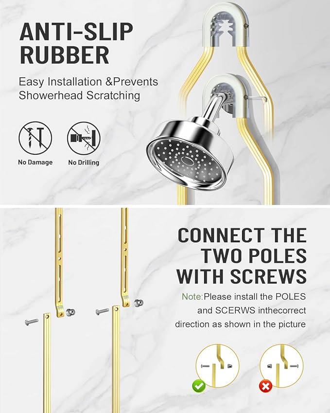 Adjustable Shower Caddy Hanging for Handheld Showerheads - Never Rust Shower Hanging Organizer, Upgraded Bathroom Shower Rack with Soap Basket, Hooks and Toothbrush Holder (Gold)