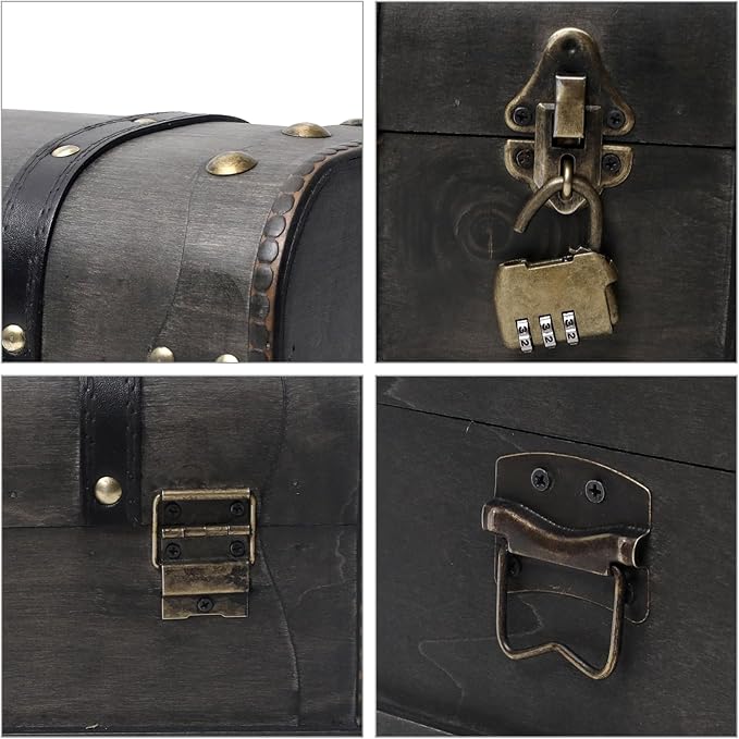 Vintage Wooden Treasure Chest Decorative Box with Lock - 12.2" x 7.1" x 7.1", Black