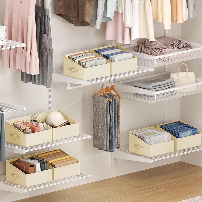 DIMJ Closet Storage Bins - Fabric Storage Baskets for Shelves, Collapsible Clothes Organizer with Handles for Purse, Toys, Books, Towel, Clothes, 6 Pack, Beige