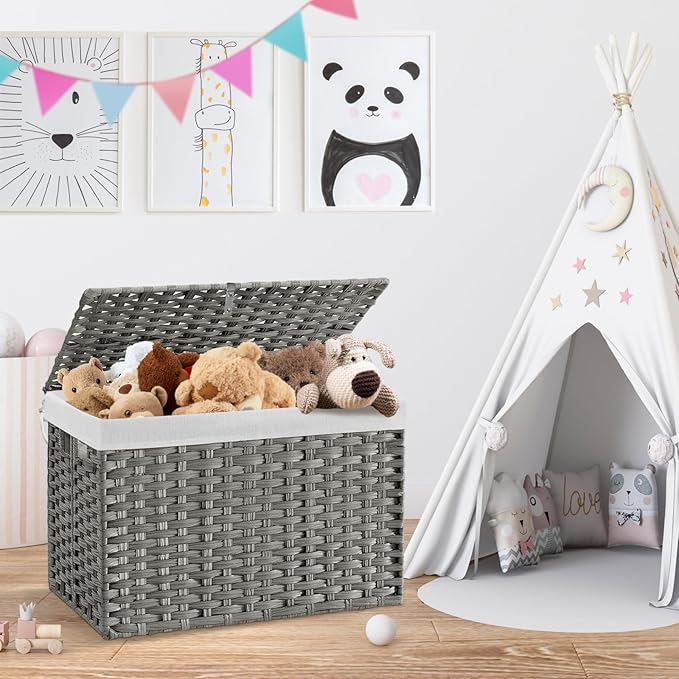 240L Wicker Storage Basket with Lid, Handwoven Rattan Large Shelf Basket with Removable Liner, 63.5 Gallon Wicker Basket for Blanket, Storage Trunk with Handle for Closet, Bedroom, Livingroom, Grey