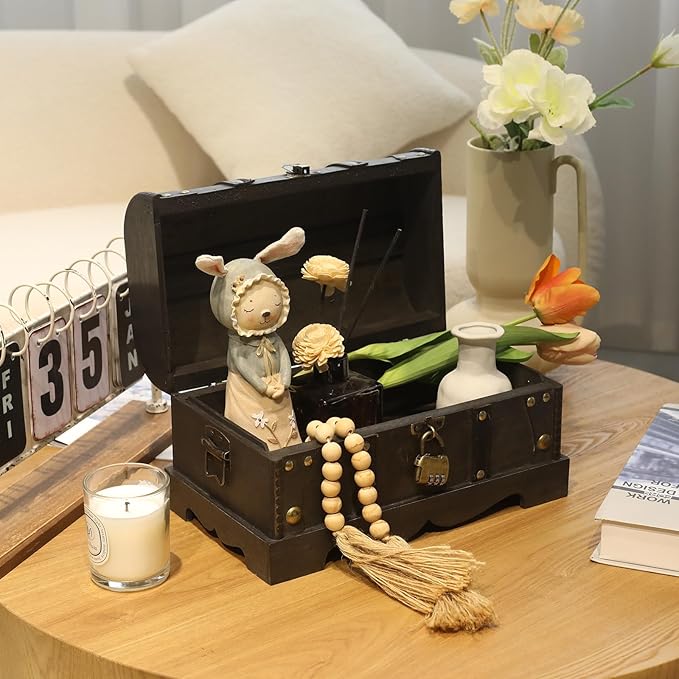 Vintage Wooden Treasure Chest Decorative Box with Lock - 12.2" x 7.1" x 7.1", Black