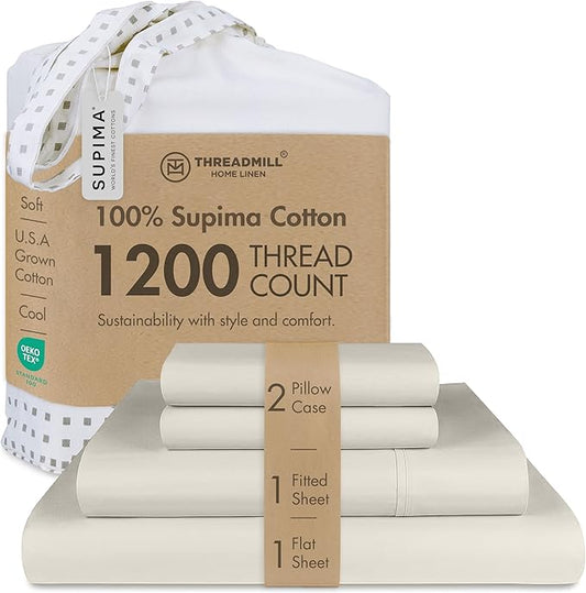 Threadmill California King Sheets, Certified American Supima Cotton Sheets, 1200 Thread Count Hotel Quality, 4 Piece Luxury Bed Sheets Set with Elasticized Extra Deep Pocket, Taupe