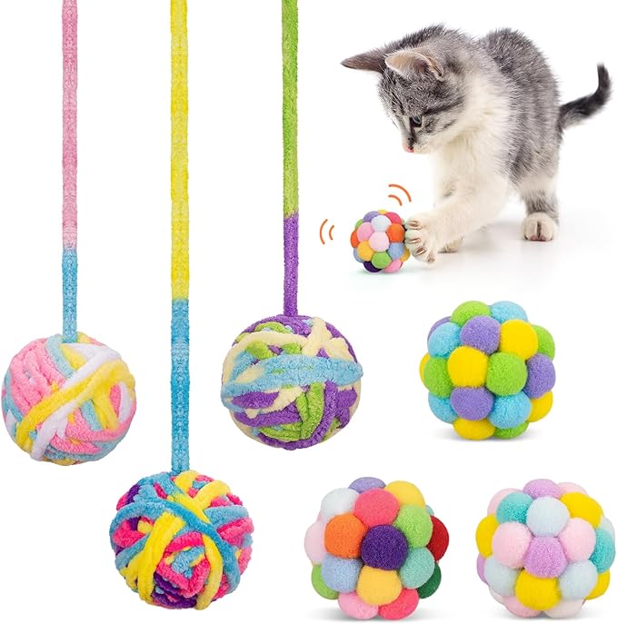 Retro Shaw Cat Toys Balls, 6Pcs Woolen Yarn Cat Ball Toy with Bell Inside, Interactive Kitten Toys for Indoor Cats Kitty, Chew Toys Jingle Pompom Ball with String