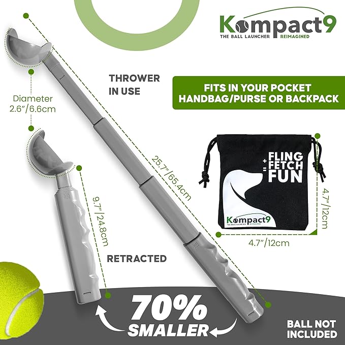 Kompact9 | Retractable Pocket-Sized Ball Launcher, Eco-Friendly & Portable Dog Fetch Toy, Made from Recycled Plastic, UK Designed, Fits Standard Tennis Balls Perfect Dog Exercise Equipment | Silver