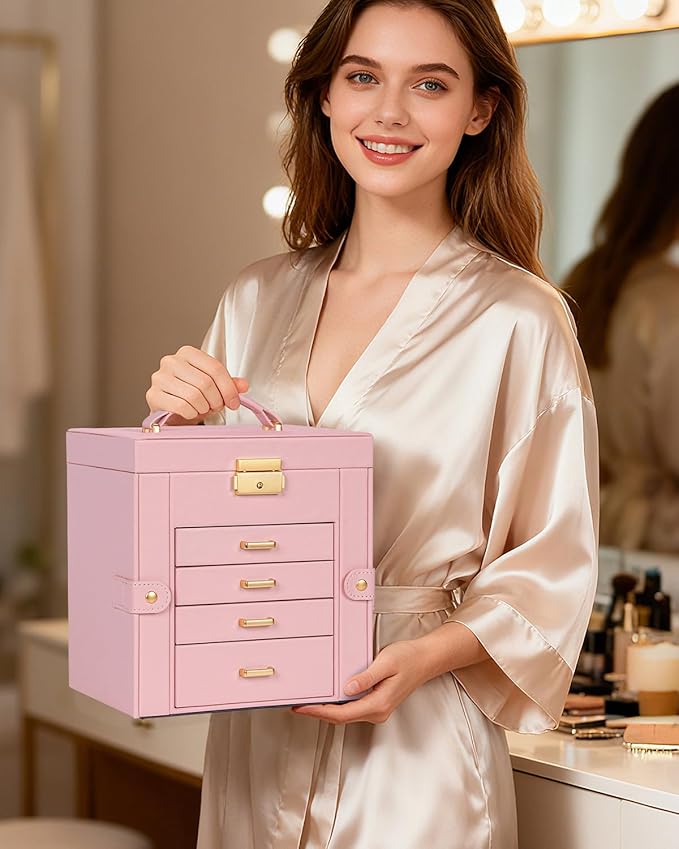 TORIBIO Jewelry Box for Women, Leather Jewelry Organizer with Mirror & Lock, 5-Tier Jewelry Storage Organizer with 4 Drawers for Girls/Women/Mothers, Necklace Earring Bracelets Holder Organizer