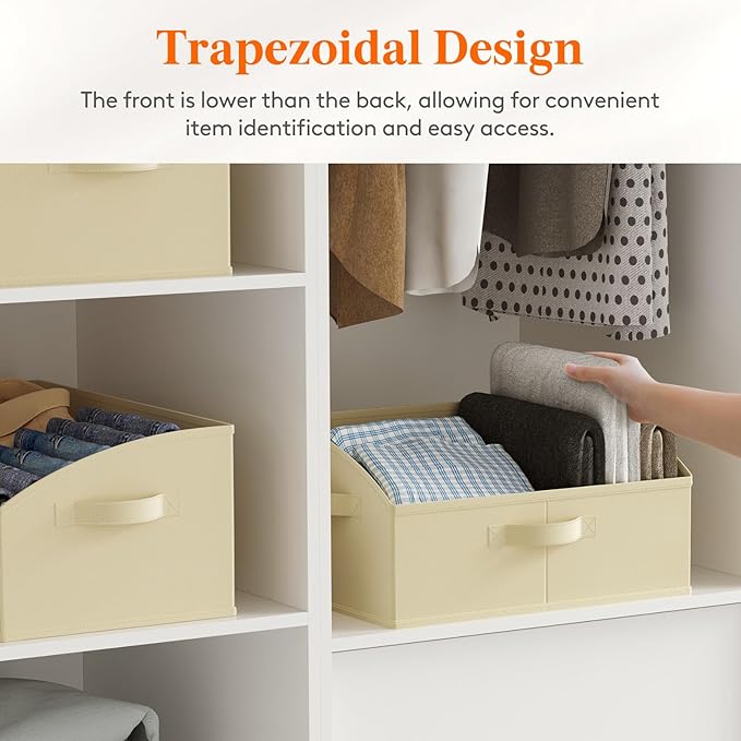 Lifewit Large Trapezoid Closet Storage Bins for Shelf, 6 Packs Non-woven Closet Organizer Baskets with Handles, Foldable Clothes Containers Boxes for Clothing, Book, Purse, 19L, Beige