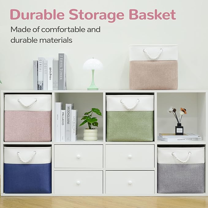 13 x 13 Inch Cube Storage Bins, 6 Pack Fabric Storage Basket with Handles, Foldable Boxes Organizer for Shelf Baskets for Home, Clothes, Toys (White/Pink)