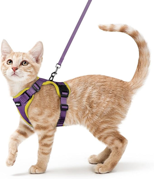 rabbitgoo Cat Harness and Leash for Walking, Escape Proof Soft Adjustable Vest Harnesses for Cats, Easy Control Breathable Reflective Strips Jacket, Purple&Yellow,S