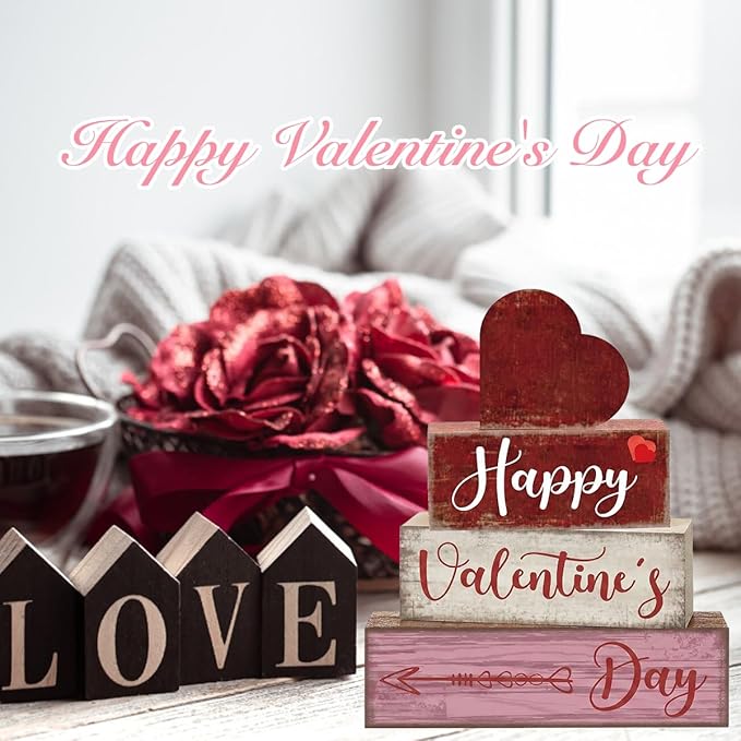 4 Pcs Happy Valentine's Day Sign Tiered Tray Decor Valentines Sign Tabletop Decor Decorations for Home Office Desk Table Art Desk Accessories