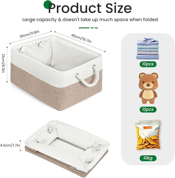 Storage Baskets, Fabric Storage Bins, Versatile Storage Baskets for Shelves with Handles, Large Closet Organizers for Shelves, Clothing, Toys, Books (3-Pack 15.7x11.8x8.2 inch, White&Khaki)