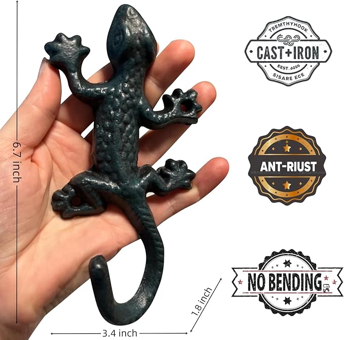 Outdoor Cast Iron Pool Towel Wall Hooks, Lovely Gecko Heavy-Duty Coat Hooks, Fun Lizard Pool Towel Holder for Outdoor and Indoor，Cool Gecko Key Holder and Wall Decor (3 Pcs)