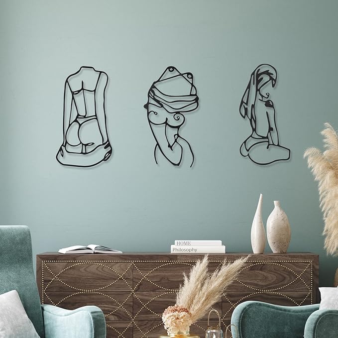 Photect 3 Pcs Metal Wall Art Decor Minimalist Abstract Woman Wall Art Metal Modern Line Drawing Decor Female Single Line Home Hanging for Bedroom Bathroom Living Room Christmas Housewarming(Lively)