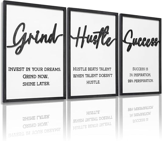 3D Wood Inspirational Office Wall Decor, 48" x 24" Framed Grind Hustle Success Motivational Wall Art, Positive Quotes Wall Art for Home Office Bedroom (Ready to Hang, Set of 3, Framed)