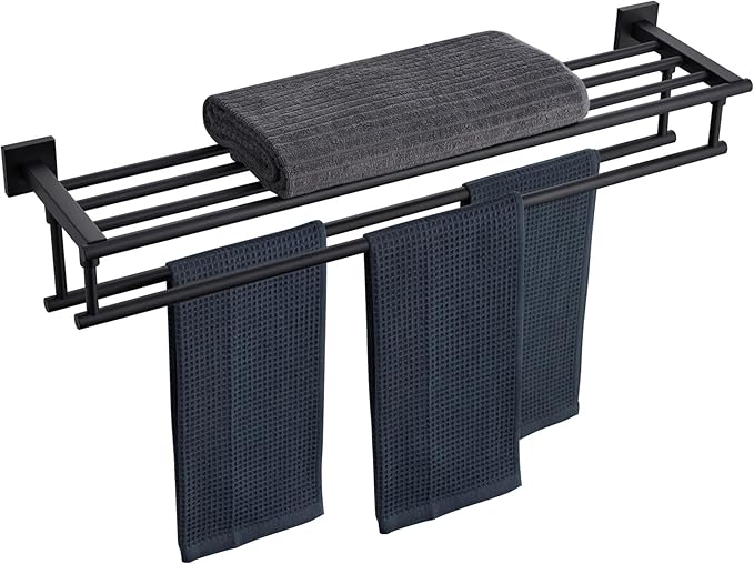 KOKOSIRI Bath Towel Rack with Double Towel Bars 32-Inch Bathroom Towel Shelves Towel Holder Wall Mounted Stainless Steel, Matte Black, B6005BK-L32
