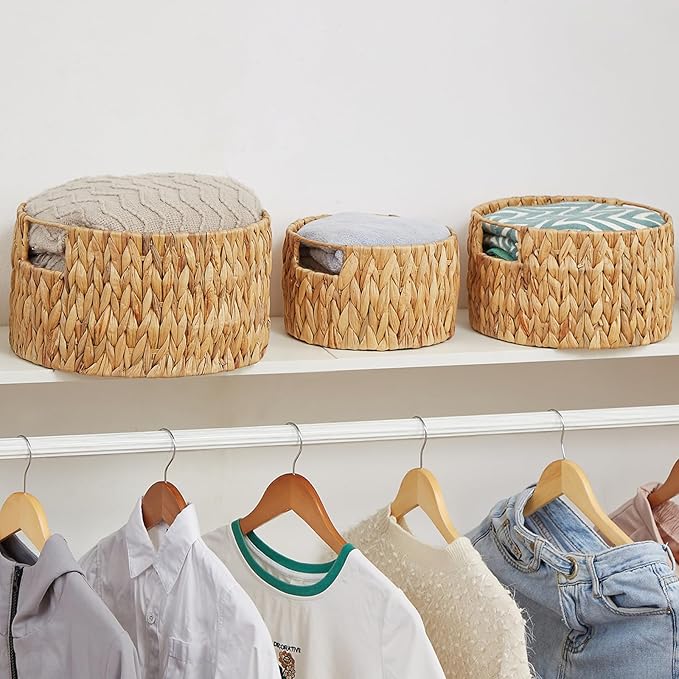 Vagusicc Wicker Storage Basket, Hand-Woven Water Hyacinth Large Round Woven Basket With Handles, Wicker Baskets for Organizing/Storage, 3-Pack