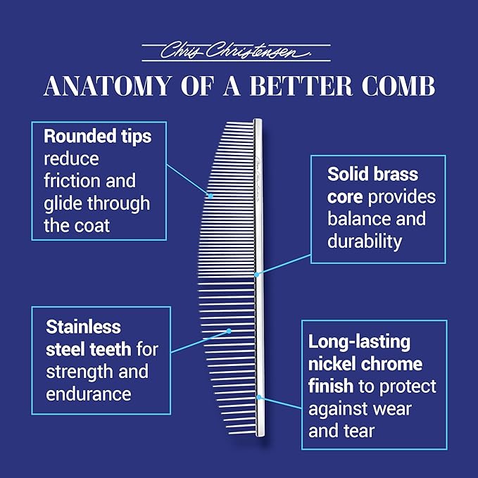 Chris Christensen 00C 6.5 in Crescent Coarse/Fine Finishing Butter Comb, Groom Like a Professional, Rounded Corners Prevent Friction and Breakage, Solid Brass Spin with Steel Teeth, Chrome Finish