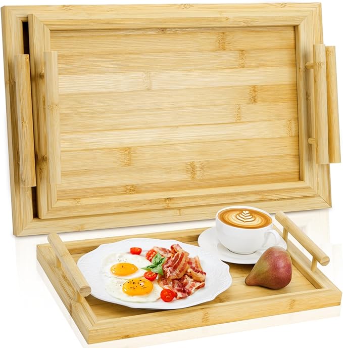 2 Pack Bamboo Serving Tray with Handles, Decorative Rectangular Food Platter, Wooden Potable Bed Tray for Entertaining, Kitchen Counter, Party Display, Living Room, Breakfast Dinner Eating