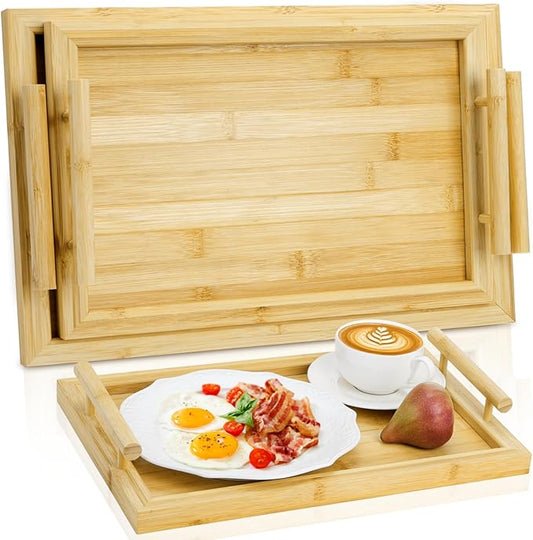 2 Pack Bamboo Serving Tray with Handles, Decorative Rectangular Food Platter, Wooden Potable Bed Tray for Entertaining, Kitchen Counter, Party Display, Living Room, Breakfast Dinner Eating