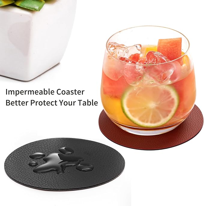 Drink Coasters With Holder - Faux Leather Set of 12, Dual Sided for Coffee Tabletop Protection, Non-Slip Washable Cups (Black Red)