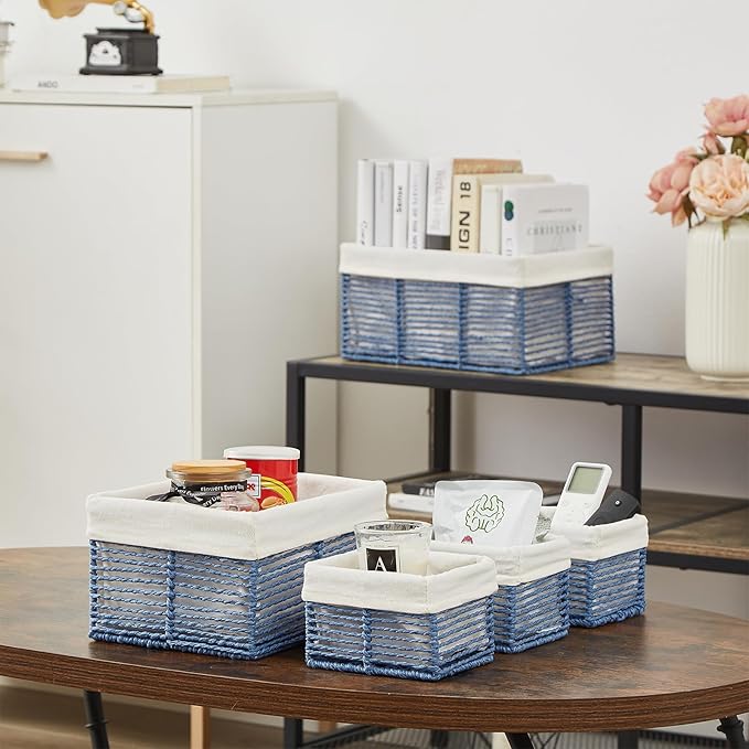 Vagusicc Wicker Storage Basket, Hand-Woven Paper Rope Wicker Baskets, Rectangular Small Wicke Baskets for Organizing, Cube Storage Bins for Closet/Clothes/Dresser, Blue, 5-Pack