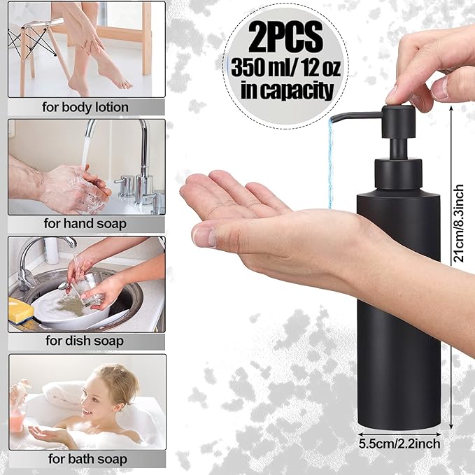 Cunhill 2 Pieces Black Hand Soap Dispenser Bathroom 12 oz Matte Black Hand Soap Dispensers with Stainless Steel Pump Refillable Modern Liquid Bottle for Kitchen Bathroom
