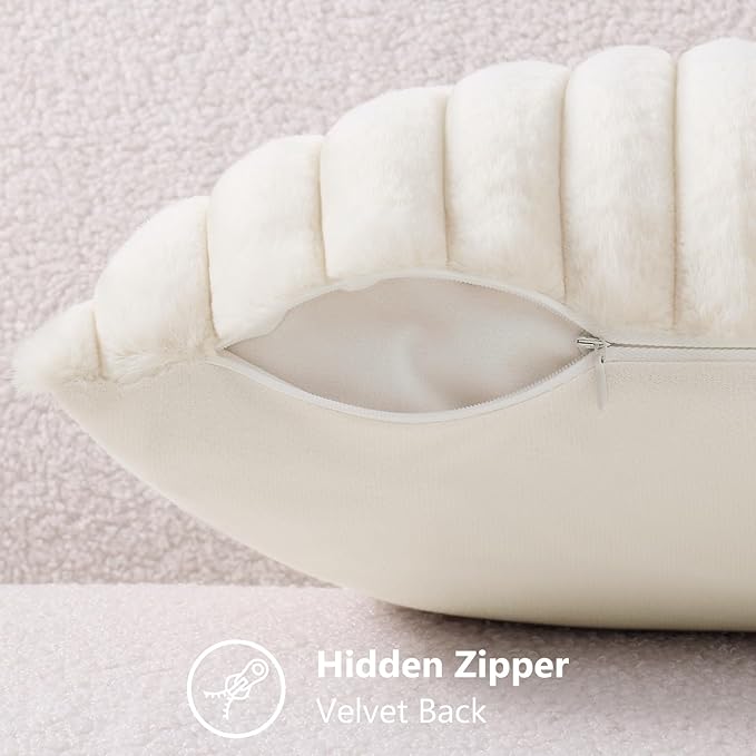 decorUhome Faux Fur Spring Throw Pillow Covers 20x20 Set of 2, Decorative Soft Plush Striped Neutral Couch Pillow Covers with Velvet Back for Sofa, Bed, Living Room Home, Cream White