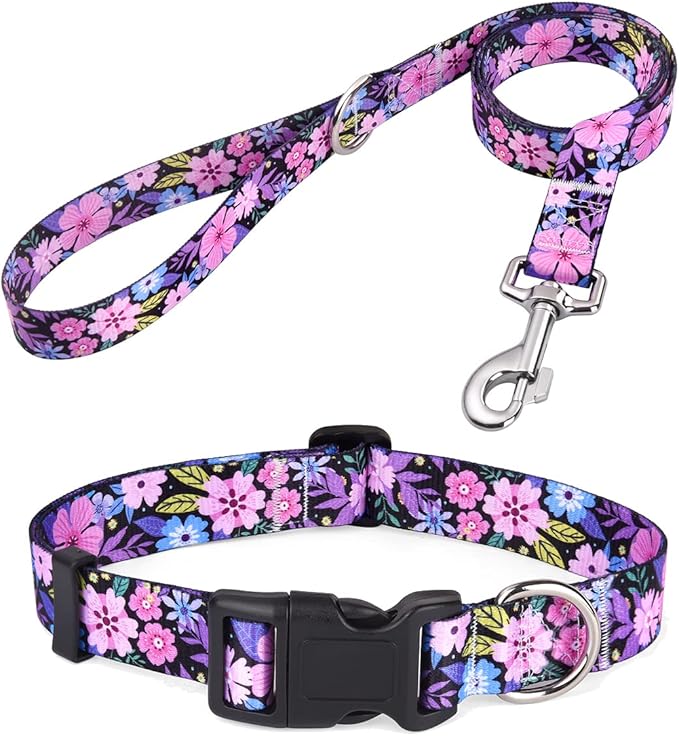 Dog Collar and Leash Set with Bohemia Floral Tribal Geometric Patterns - Soft Ethnic Style Collar Adjustable for Small Medium Large Dogs(Pink Floral Set,M)