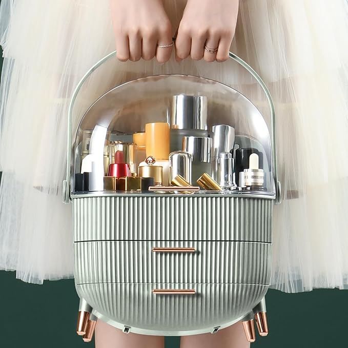 CANITORON Makeup Organizer with 2 Drawers and Brush Storage Box, Cosmetic Display Case for Vanity and Bathroom Countertop Storage (Sage Green)