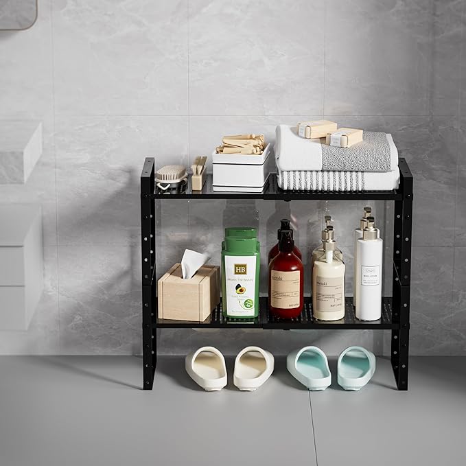 Multi-Functional Metal Shoe Rack,Expandable Adjustable Stackable Kitchen Organizer,Metal Shelf risers for cabinets, Kitchens and Closet, Bathroom(1Pack/Black/Medium)