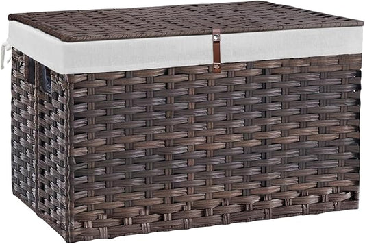 180L Wicker Storage Basket with Lid, Handwoven Rattan Large Shelf Basket with Removable Liner, 47.6 Gallon Wicker Basket for Blanket, Storage Trunk with Handle for Closet, Bedroom, Livingroom, Brown