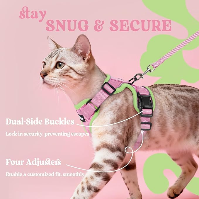 rabbitgoo Cat Harness and Leash for Walking, Escape Proof Soft Adjustable Vest Harnesses for Cats, Easy Control Breathable Reflective Strips Jacket, Pink&Light Green, M