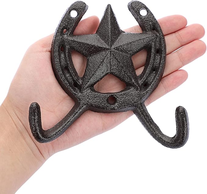 JUXYES Pack of 2 Cast Iron Lucky Horseshoe Wall Mounted Hook Heavy Duty Rustic Country Wall Coat Hook Star Decorative Hook Farmhouse Horse Shoe Vintage Towel Hook for Hats Coats Keys